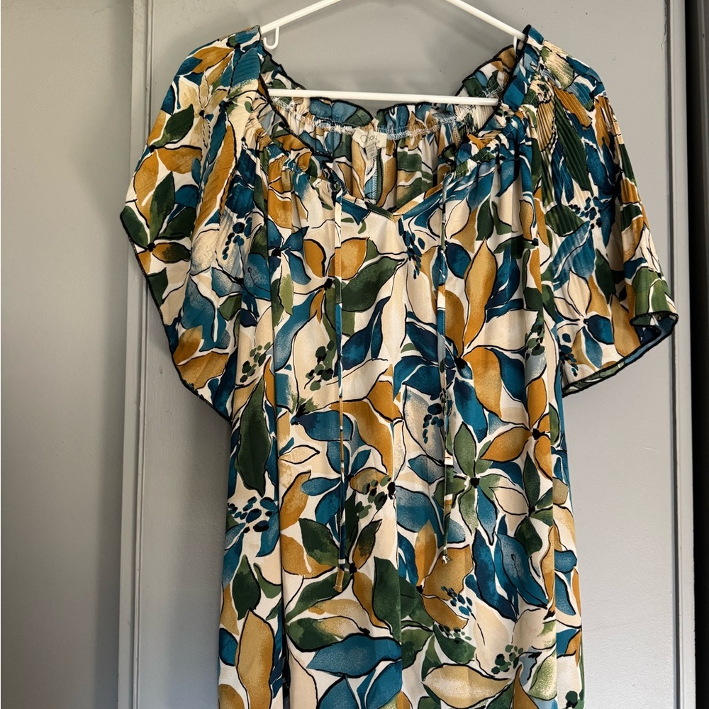 Chenault Blue and Green Leaf Print Blouse